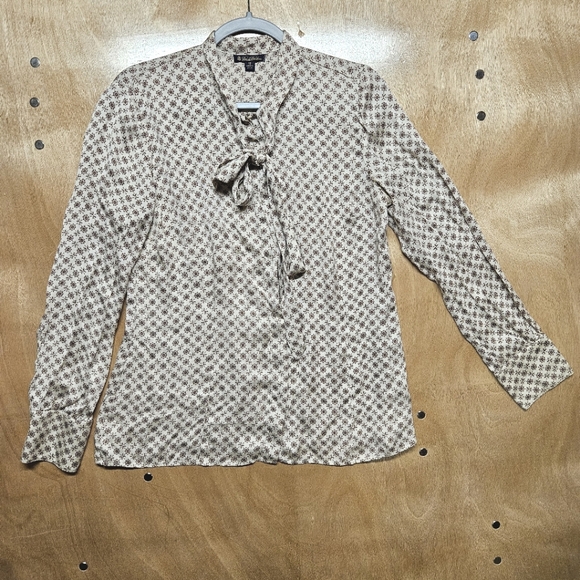 Brooks Brothers Tops - Brooks Brothers Women Ivory&Brown Flower Long Sleeve Silk Blouse Neck Tie SZ 12